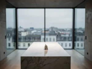 Berliner Neubauwohnung mit Raumhohen Fenstern, Blick auf graue Stadtsilhouette, Preisschild auf Marmorarbeitsplatte im Vordergrund.